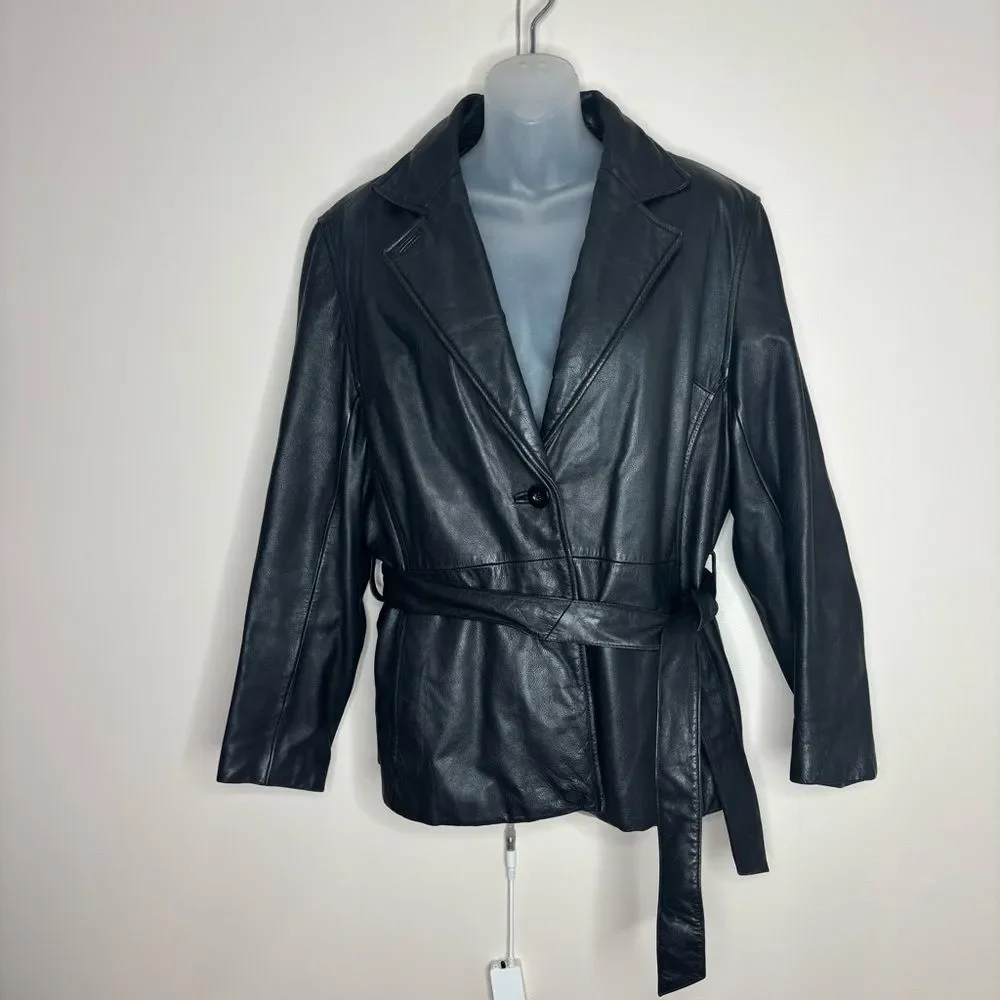 Wilsons 100% Leather Women's Black Belted Jacket size large zip in liner 90s